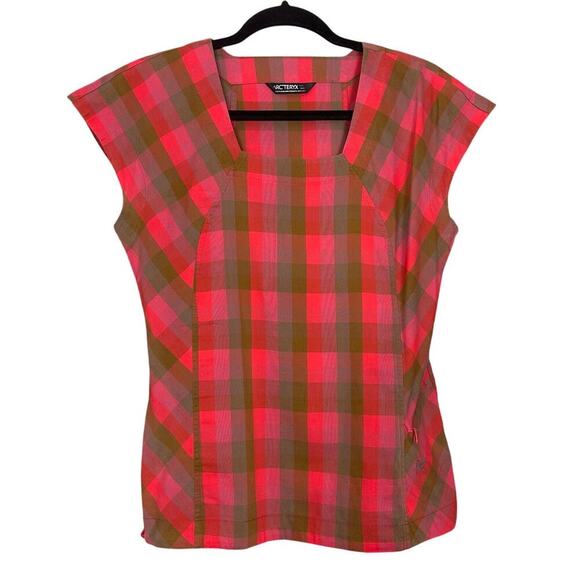 Arcteryx Womens Top Plaid Square Neck Cap Sleeve Red Size S / M - Picture 1 of 7